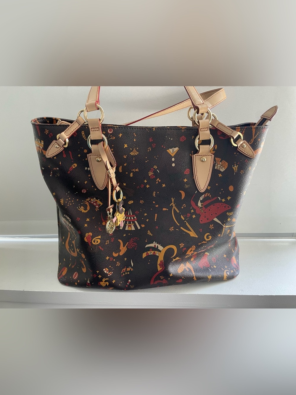 Women’s Dark Brown Patterned Tote Bag with Beige Handles